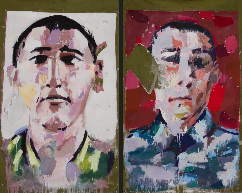 Eşref Yıldırım, “Sağol! Serisinden Seyfettin-Selim”, 2013, kumaş üzerine karışık teknik, 180×120 cm.