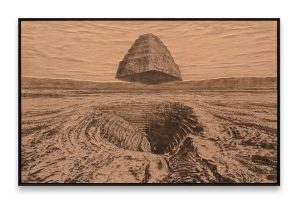 Enis Malik Duran, “Axis Mundi”, 2023, ahşap panel üzerine karışık
teknik, 130×205 cm., (Fotoğraf: Kaygan Kaygusuz).