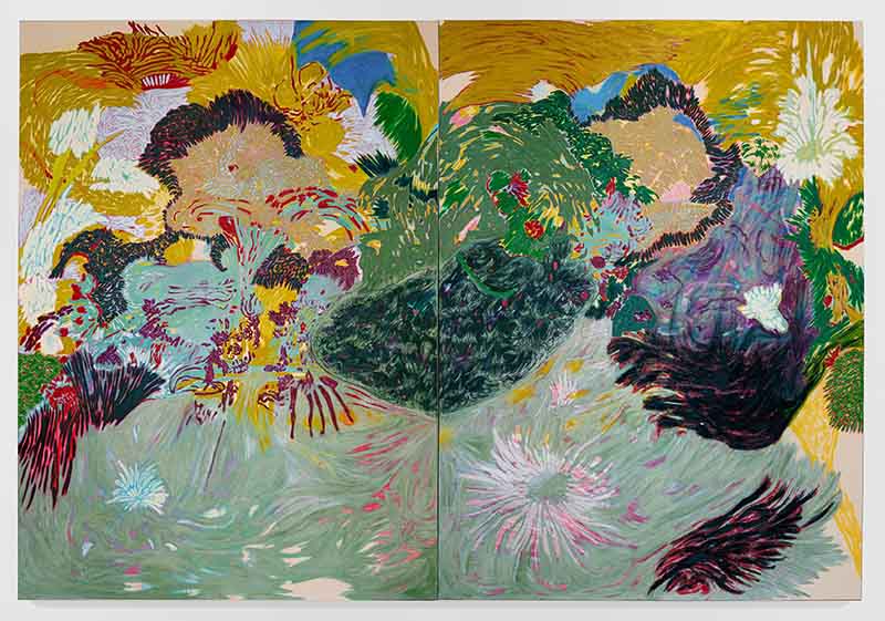 Sophia Loeb, Somos os ancestrais daqueles que virão (We are the ancestors of those that are yet to come), 2024, oil and pigment on canvas, in two parts 220x320cm,861⁄2x126in, Photo: Wenxuan Wang.