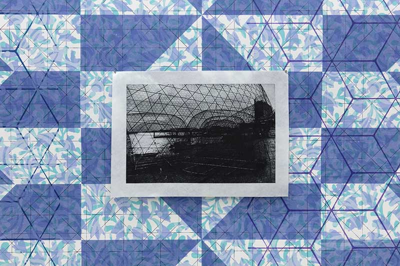 Magda Stawarska, Installation view, ‘Nets’ 2024, Set of 4 photopolymer etchings on Kozo mulberry paper and, ‘Drift Horizon I’ 2024, screen print on wallpaper, Photo Alexander Christie.