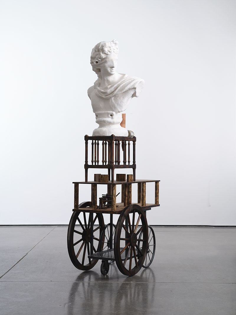 Cole Lu, “If it were simple, would he have traveled here? Hugging the shade at the river’s edge, the landscape of his youth, three language planes, and the other voices he owns.” (Hypnos), 2024, Aqua resin, fiberglass, copper, lenticular stereoscope, burnt birch, reclaimed barn wood, clockwork, cast iron, 198.1 x 91.4 x 58.4 cm / 78 x 36 x 23 in.