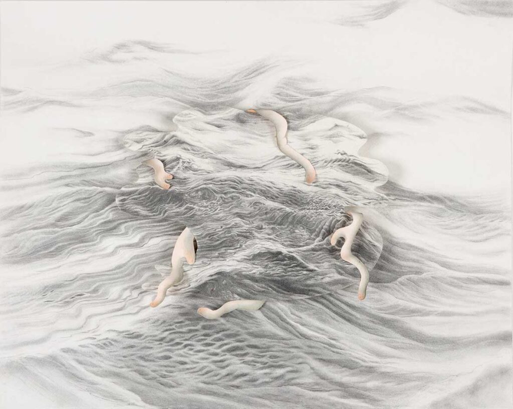 Burcu Yağcıoğlu, Atalet 1, 2024, Kâğıt üzerine karakalem, akrilik ve aquarelle, kolaj, 54.5 x 68 cm (çerçevesiz), 67 x 80.5 cm (çerçeveli).