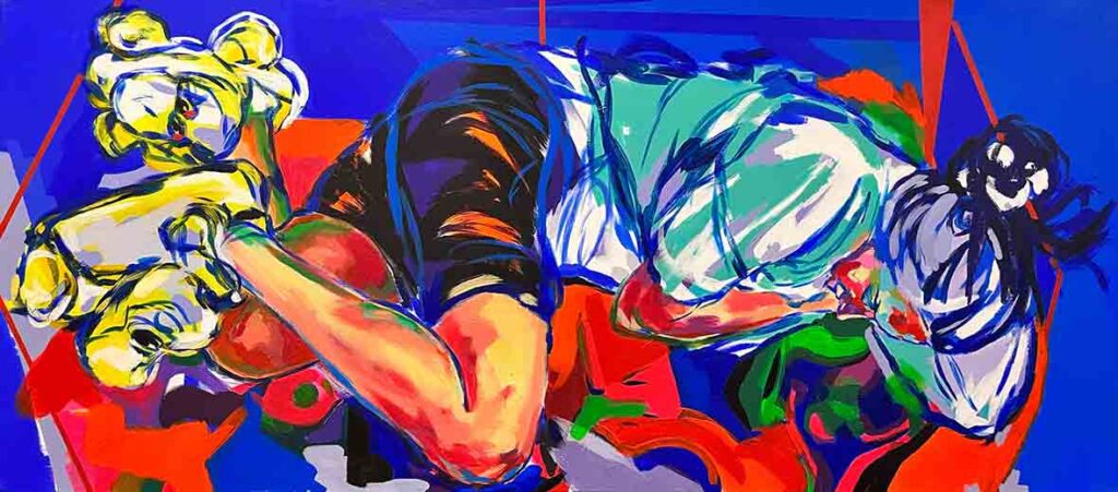 Emel Ezal, İsimsiz, 2022, tuval üzerine akrilik, 62x140 cm.