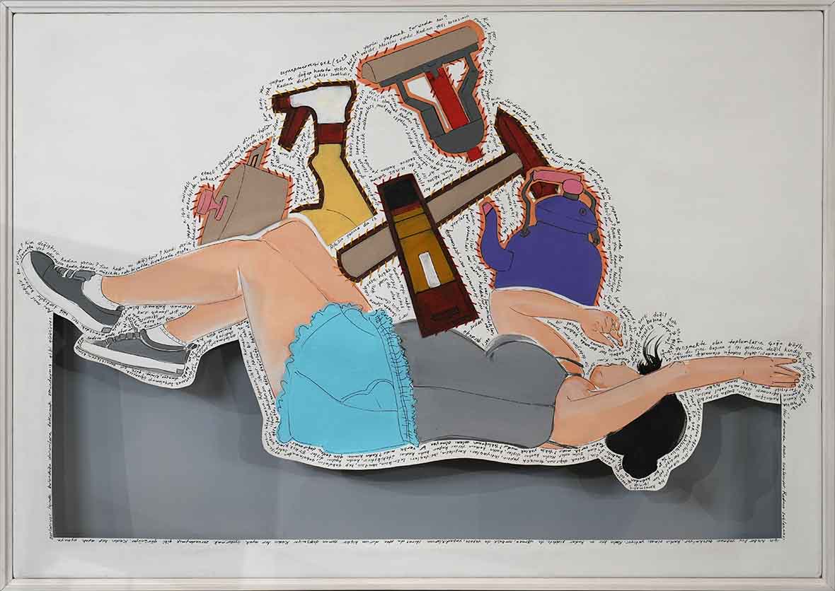 Zeynep Merve Çiçek, Bir Varlıktan Ne Beklenebilir, 2023, Tuval üzerine akrilik boya, Yazı, Dikiş, 70x100 cm.