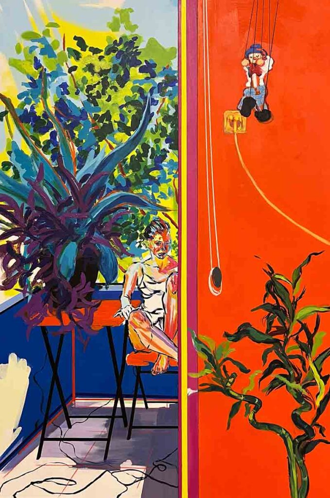 Emel Ezal, Huzurlu Bir Rahatsızlık Hissi, 2023, tuval üzerine akrilik ve yağlı boya, 140x93 cm.