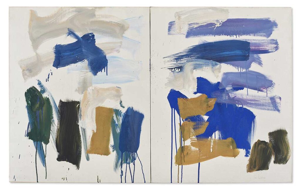 Joan Mitchell (1925-1992), “Champs”, 1990, imzalı 'Joan Mitchell' (sağ altta), tuval üzerine yağlıboya, diptik, 80,8 x 130,5 cm., Tahmini: 600.000 - 800.000 € Gerçekleşen Fiyat: 2.097.000 € © Estate of Joan Mitchell.