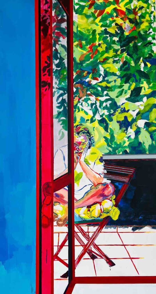 Emel Ezal, Derinin Altına Sığmaya Çalışıyorum, 2022, tuval üzerine akrilik boya, 140x75 cm.