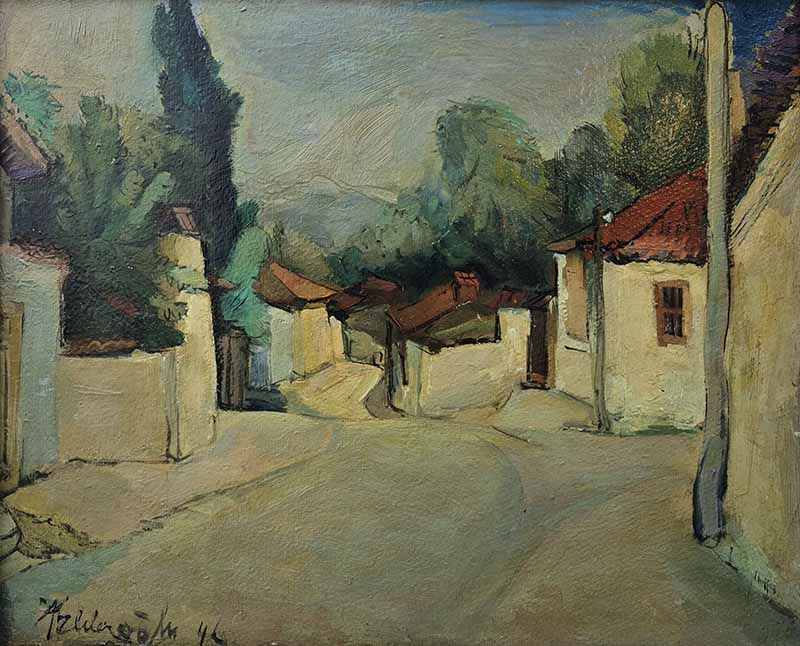 Abidin Elderoğlu, Denizlide Bir Sokak, Duralit üzerine yağlıboya, 36x45 cm.