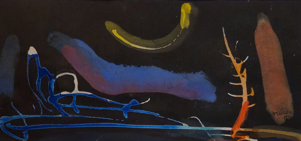 Abidin Elderoğlu, “Kompozisyon”, 1971, kağıt üzerine karışık teknik, 11x24 cm.