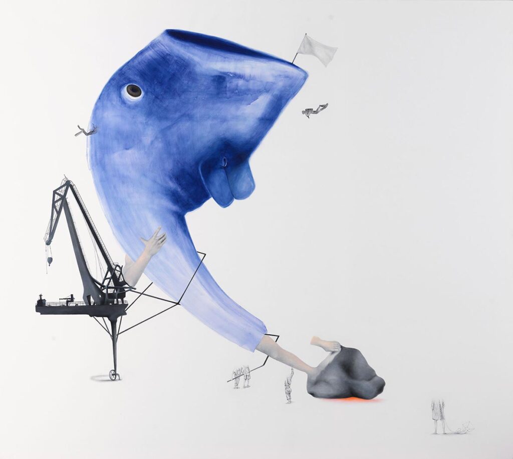 Aras Seddigh, Vatos 7, 2024, Tuval üzerine akrilik ve kara kalem, 200 x 223 cm.