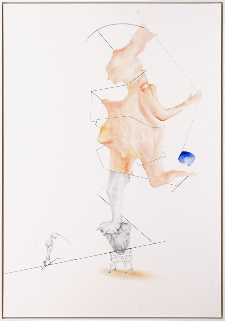 Aras Seddigh, Vatos 2, 2024, Kâğıt üzerine kuru boya, akrilik, mürekkep, kara kalem ve foto transfer, 78 x 109 cm.