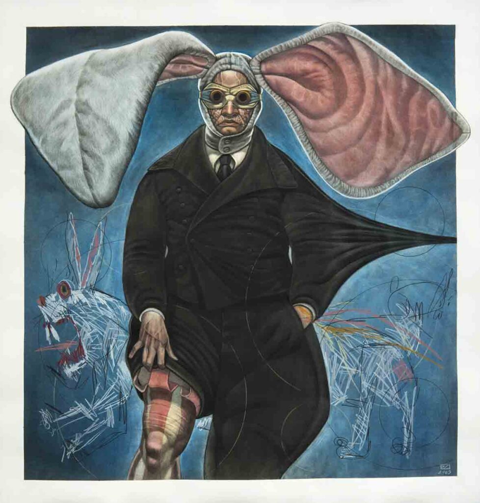 Burak Dak, Tavşan Adam, 2025, Kâğıt üzerine suluboya, toz pastel, kuru boya ve kurşun kalem, çerçevesiz ölçü 111x106 cm.