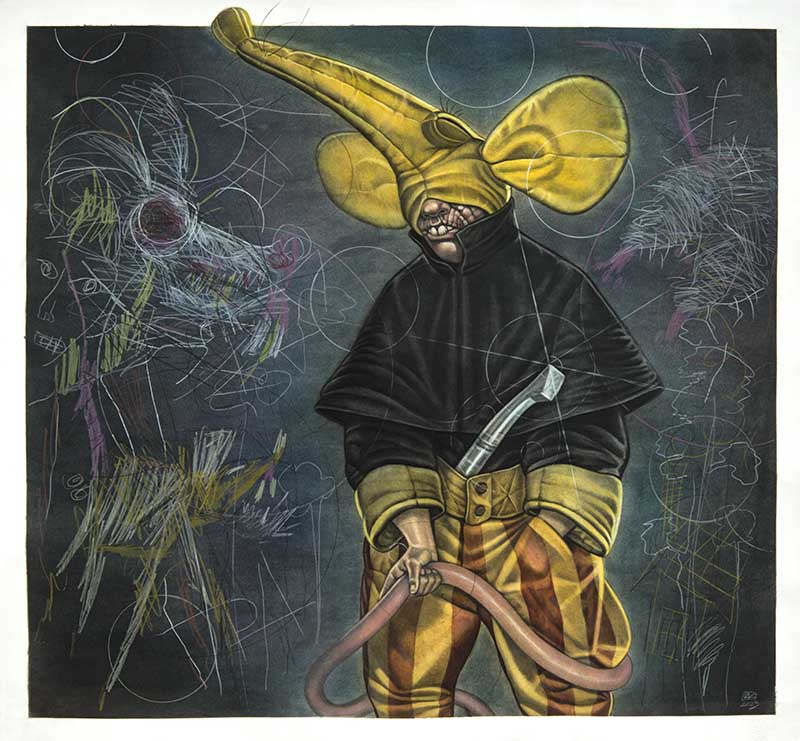 Burak Dak, Fare Adam, 2025, Kâğıt üzerine suluboya, toz pastel, kuru boya ve kurşun kalem, çerçevesiz ölçü 107x115 cm.