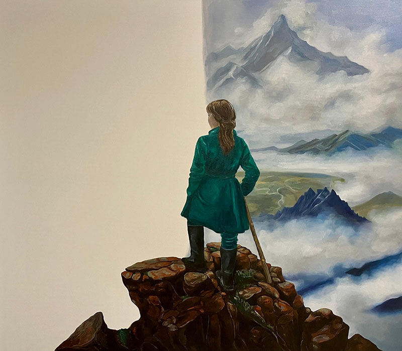 Saliha Yılmaz, ''Bulutların Üzerinde Yolculuk'', 2025, tuval üzerine yağlıboya, 140x160 cm.
