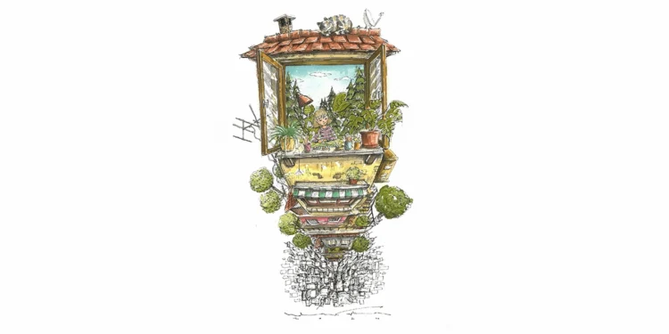 Hakan Çapkan, Pencerem Serisi, 2024, kâğıt üzerine suluboya ve mürekkepli kalem, 31x23 cm.