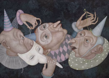 Evgenia Saré, Bas les Masques (Down with the Masks), 2024, tuval üzerine yağlıboya, 73x116 cm