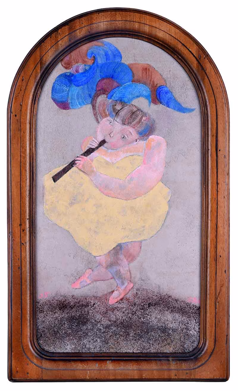 Can Göknil, Bulutlu Köyün Kavalcısı, 2025, ahşap üzerine akrilik, 55x35 cm.