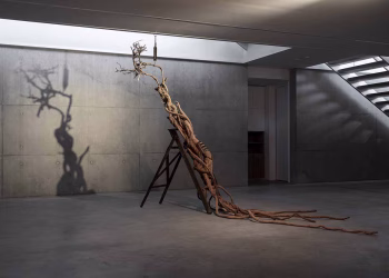 Yaşam Şaşmazer, Udagan, 2026, Ağaç dalı, ahşap merdiven, protez bacak, silikon, elastik bandaj, sargı bezi, sünger, poliüretan, elyaf, alüminyum tel, zincir, kanca, kantar, dikiş iğnesi, iplik, yosun, toprak.