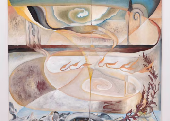 Margaret R. Thompson, 2026, Keten üzerine yağlıboya, doğal toprak, ham pigment ve balmumu 101.6 x 121.92 cm., Margaret R Thompson 2026.