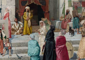 Osman Hamdi Bey (Türk, 1842-1910), Cami Kapısı'nda (Cami Kapısında), tuval üzerine yağlı boya. 208 x 109 cm., Satış fiyatı: 3.678.400 Sterlin.