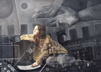 Elif Su Yıldız, Onlar, 2025, tuval üzerine karışık teknik, 90x135 cm.