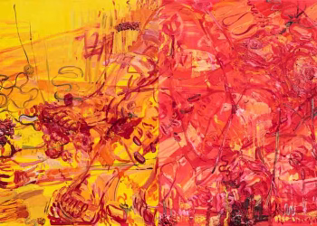 Nesli Türk, Akış, 2025, tuval üzerine yağlıboya, diptik, 150x280 cm.