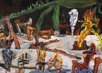 Narek Arzumanyan, Mağlup Dino, 2020, tuval üzerine çubuk yağlıboya ve yağlıboya, 100x150 cm.